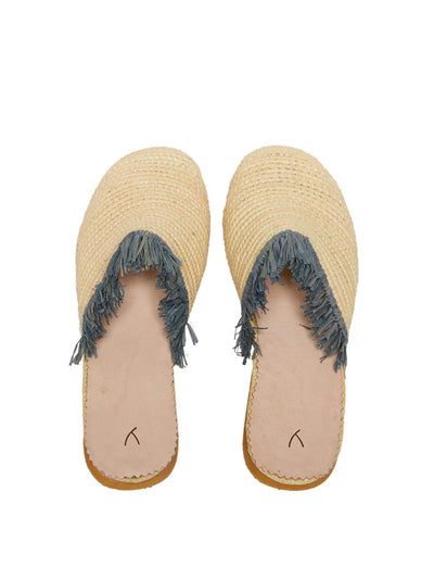 Releve Fashion Abury Beige Grey Raffia Slippers with Fringes Sustainable Ethical Fashion Brand Certified B Corp Positive Luxury Brands to Trust Butterfly Mark Positive Fashion Purchase with Purpose Shop for Good