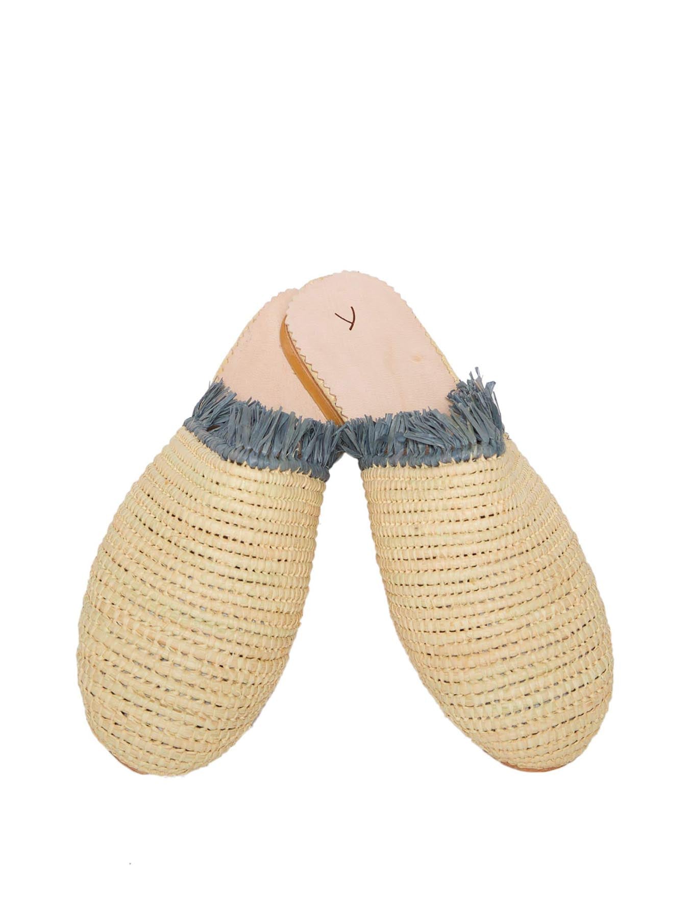 Releve Fashion Abury Beige Grey Raffia Slippers with Fringes Sustainable Ethical Fashion Brand Certified B Corp Positive Luxury Brands to Trust Butterfly Mark Positive Fashion Purchase with Purpose Shop for Good