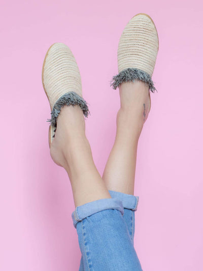 Releve Fashion Abury Beige Grey Raffia Slippers with Fringes Sustainable Ethical Fashion Brand Certified B Corp Positive Luxury Brands to Trust Butterfly Mark Positive Fashion Purchase with Purpose Shop for Good