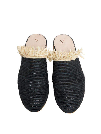Releve Fashion Abury Black Beige Raffia Slippers with Fringes Sustainable Ethical Fashion Brand Certified B Corp Positive Luxury Brands to Trust Butterfly Mark Positive Fashion Purchase with Purpose Shop for Good