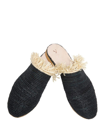 Releve Fashion Abury Black Beige Raffia Slippers with Fringes Sustainable Ethical Fashion Brand Certified B Corp Positive Luxury Brands to Trust Butterfly Mark Positive Fashion Purchase with Purpose Shop for Good