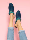 Releve Fashion Abury Blue Turquoise Raffia Slippers with Fringes Sustainable Ethical Fashion Brand Certified B Corp Positive Luxury Brands to Trust Butterfly Mark Positive Fashion Purchase with Purpose Shop for Good