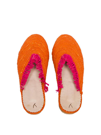 Releve Fashion Abury Orange and Pink Raffia Slippers with Fringes Sustainable Ethical Fashion Brand Certified B Corp Positive Luxury Brands to Trust Butterfly Mark Positive Fashion Purchase with Purpose Shop for Good