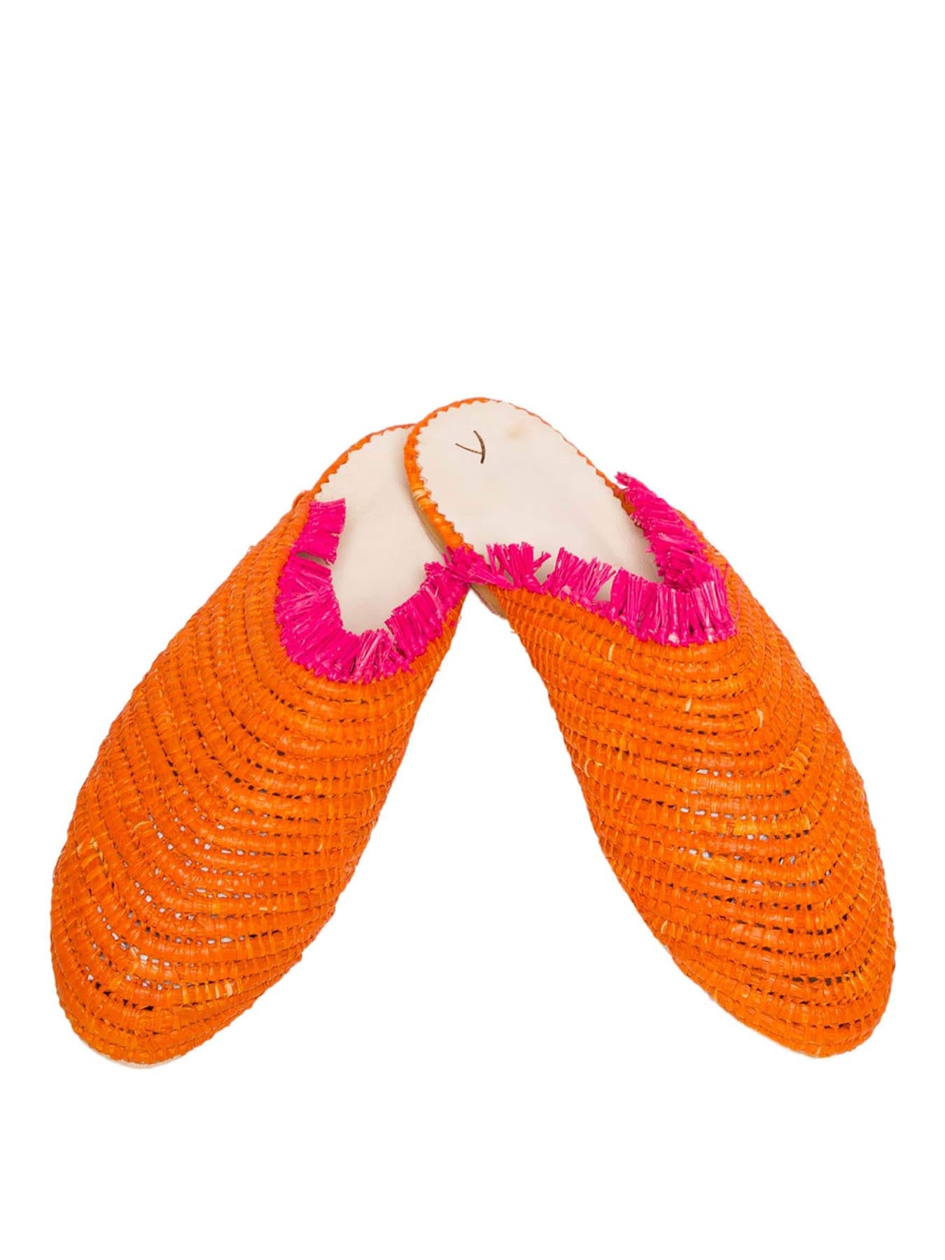 Releve Fashion Abury Orange and Pink Raffia Slippers with Fringes Sustainable Ethical Fashion Brand Certified B Corp Positive Luxury Brands to Trust Butterfly Mark Positive Fashion Purchase with Purpose Shop for Good
