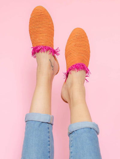 Releve Fashion Abury Orange and Pink Raffia Slippers with Fringes Sustainable Ethical Fashion Brand Certified B Corp Positive Luxury Brands to Trust Butterfly Mark Positive Fashion Purchase with Purpose Shop for Good