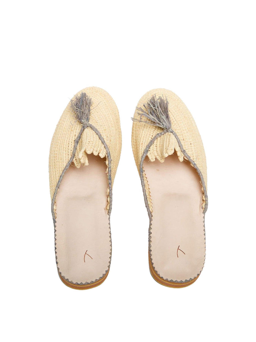 Releve Fashion Abury Beige and Grey Raffia Slippers with Tassle Sustainable Ethical Fashion Brand Certified B Corp Positive Luxury Brands to Trust Butterfly Mark Positive Fashion Purchase with Purpose Shop for Good