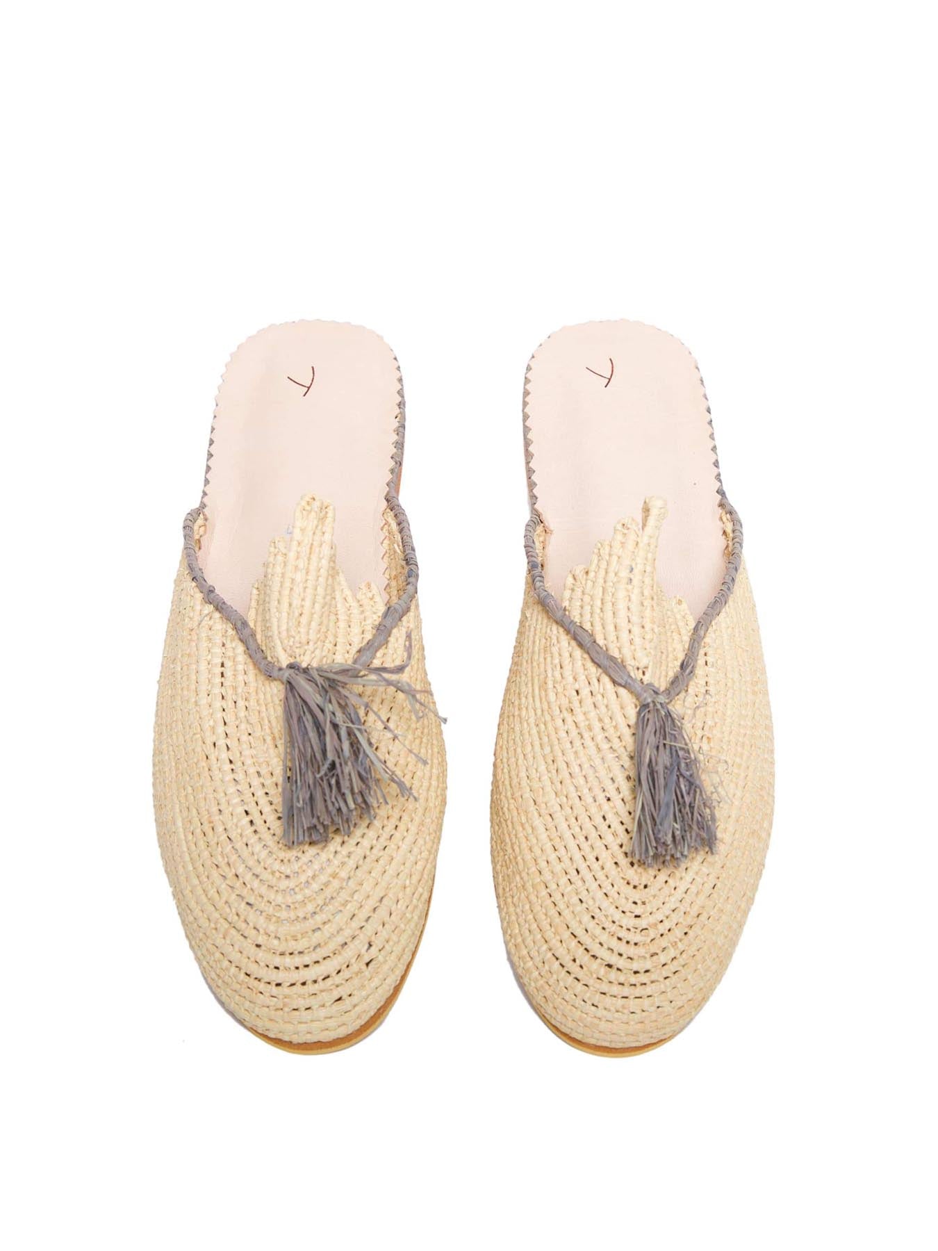 Raffia Slippers with Tassle, Beige and Grey