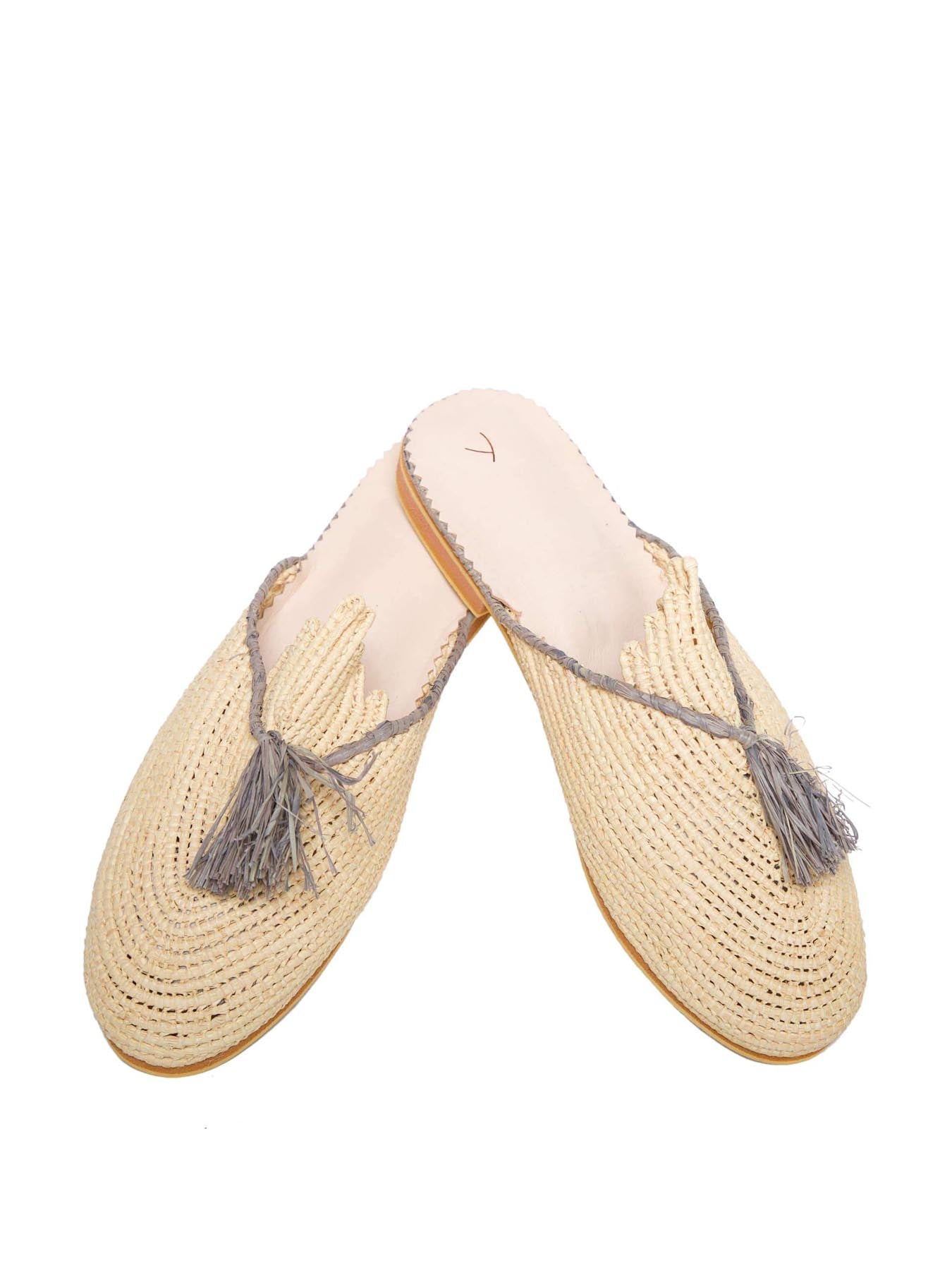 Raffia Slippers with Tassle Beige and Grey