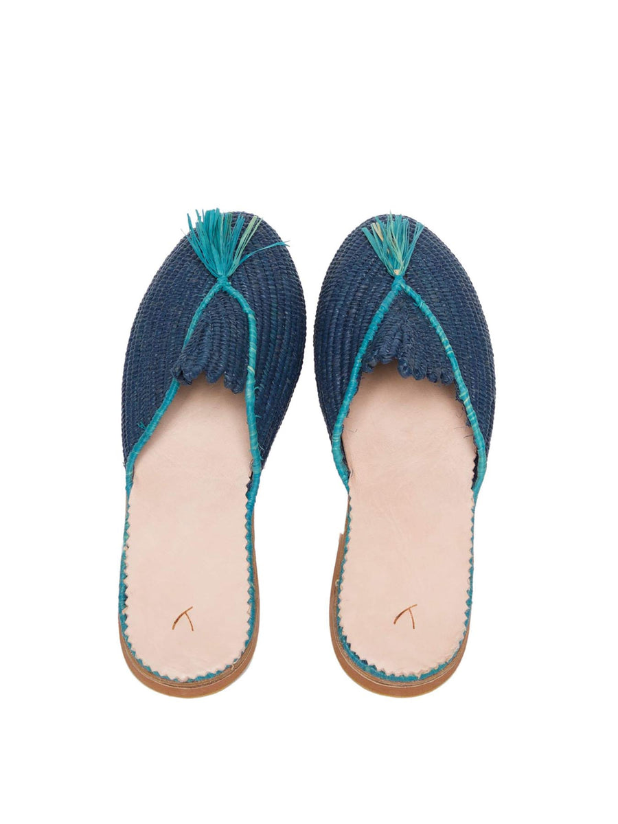 Releve Fashion Abury Blue and Turquoise Raffia Slippers with Tassle Sustainable Ethical Fashion Brand Certified B Corp Positive Luxury Brands to Trust Butterfly Mark Positive Fashion Purchase with Purpose Shop for Good