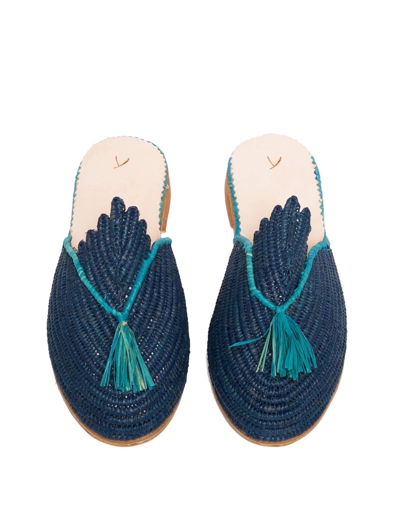 Raffia Slippers with Tassle, Blue and Turquoise