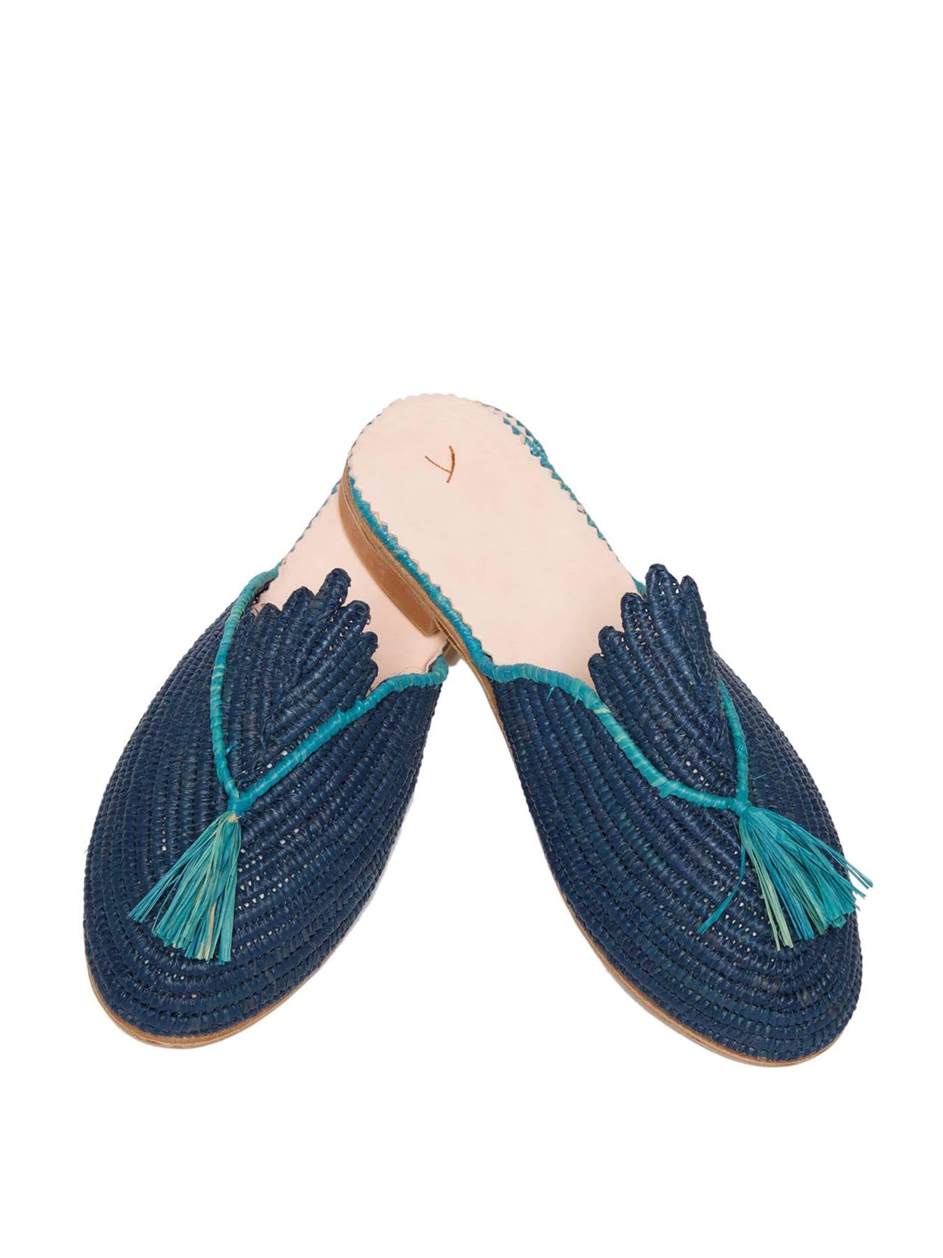 Releve Fashion Abury Blue and Turquoise Raffia Slippers with Tassle Sustainable Ethical Fashion Brand Certified B Corp Positive Luxury Brands to Trust Butterfly Mark Positive Fashion Purchase with Purpose Shop for Good