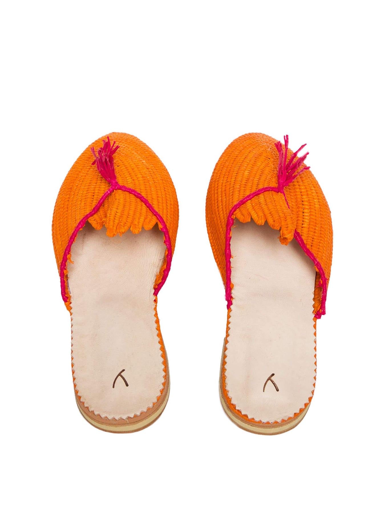 Raffia Slippers with Tassle Orange and Pink
