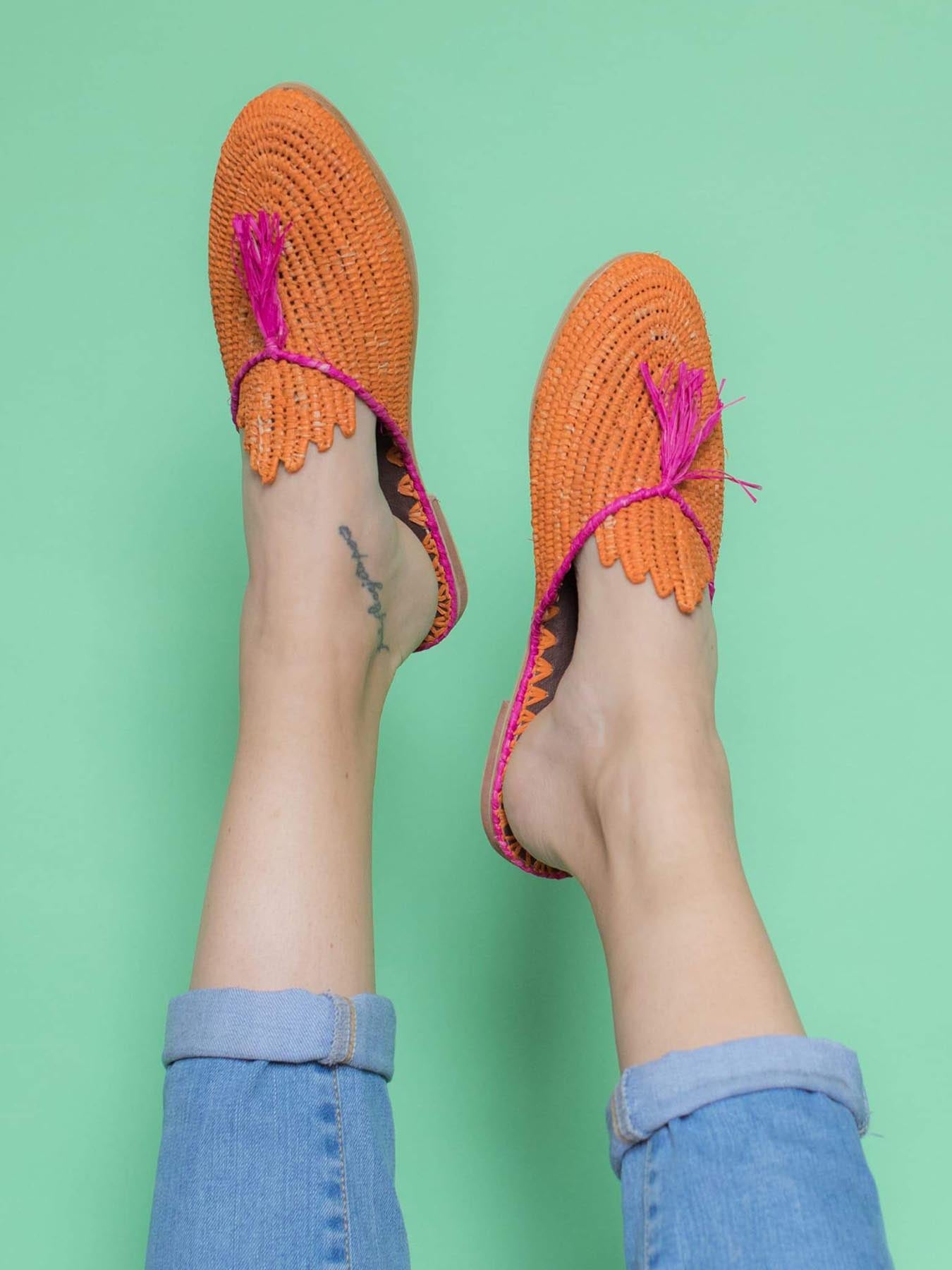 Relevé Fashion Abury Raffia Slippers with Tassle, Orange and Pink