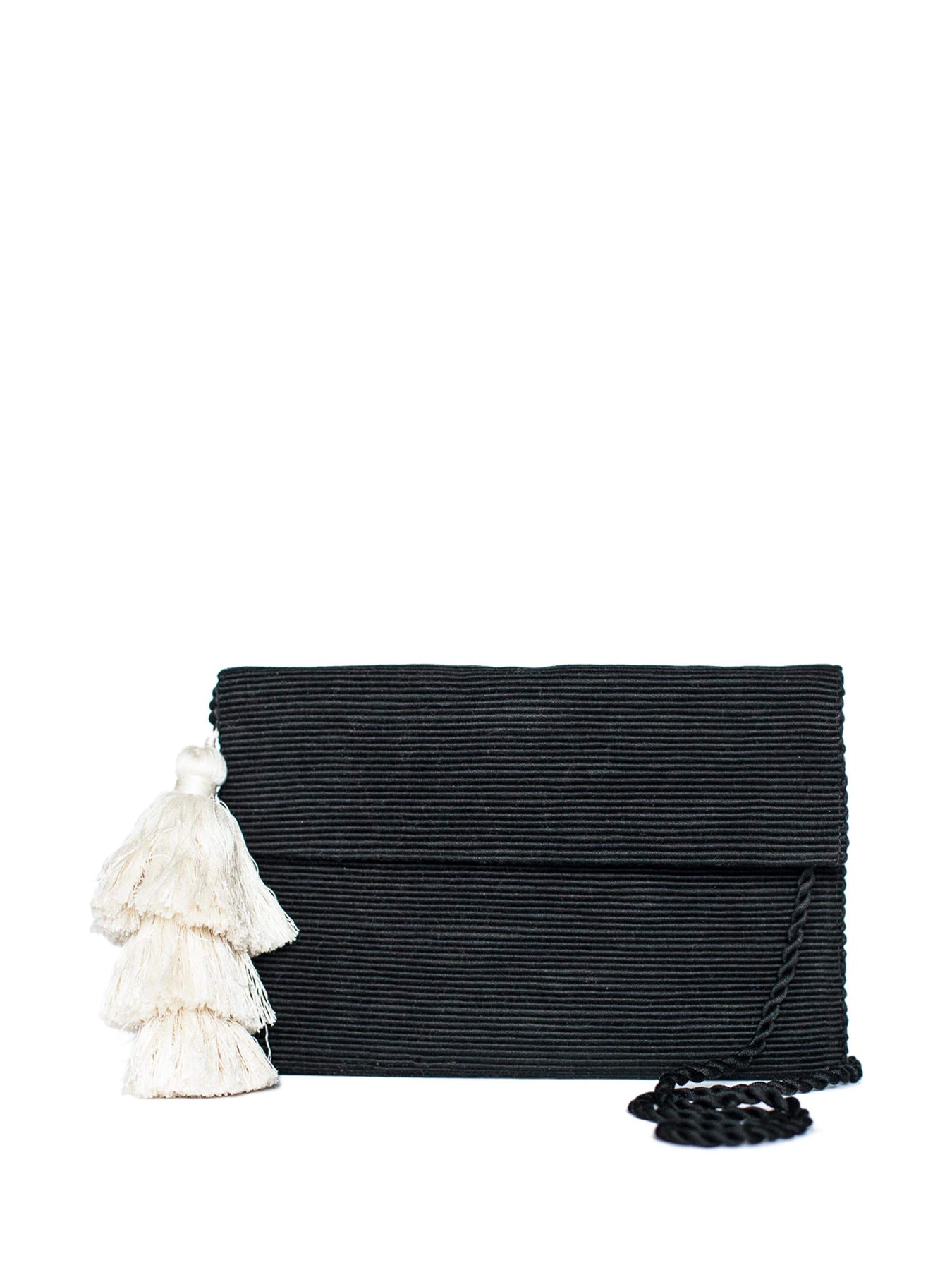 Releve Fashion Abury Black White Cotton Clutch Tassel Sustainable Ethical Fashion Brand Certified B Corp Positive Luxury Brands to Trust Butterfly Mark Positive Fashion Purchase with Purpose Shop for Good
