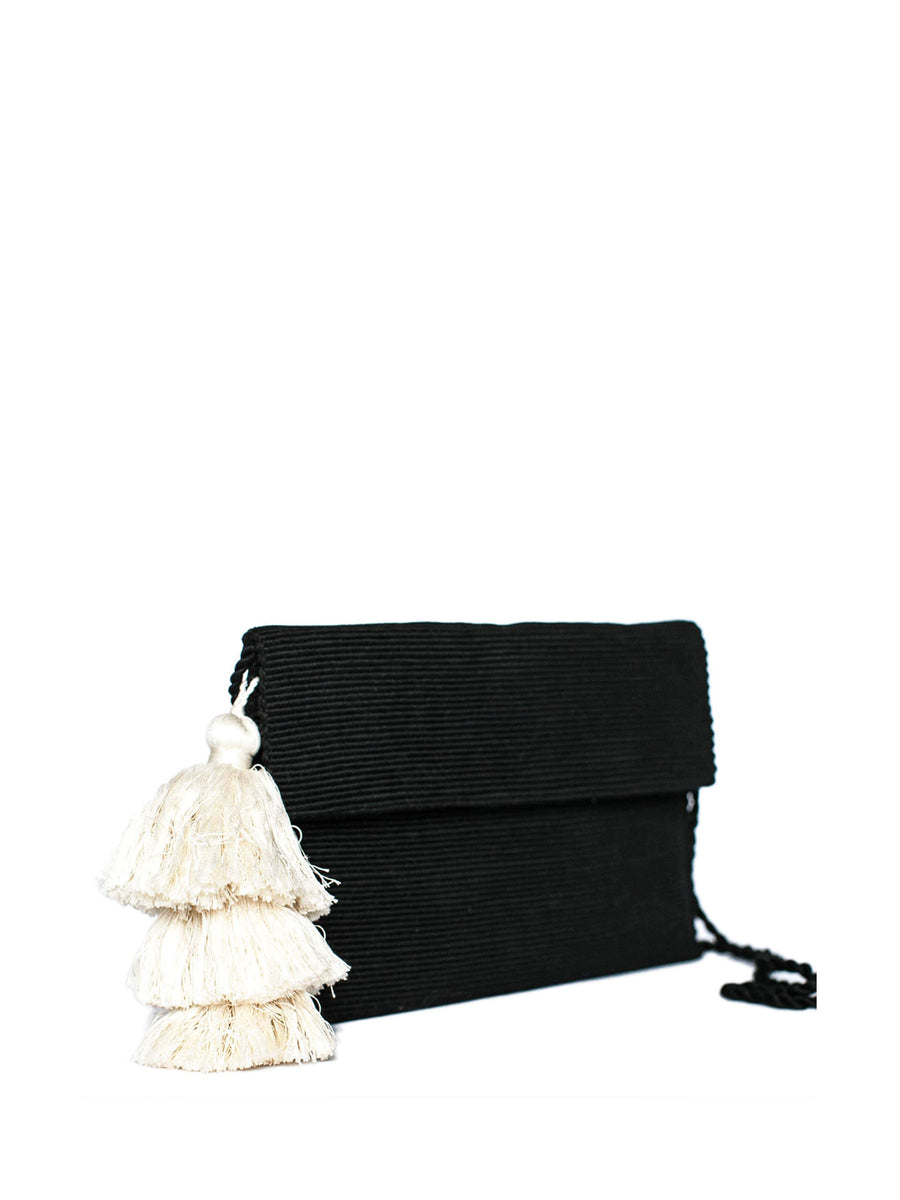 Releve Fashion Abury Black White Cotton Clutch Tassel Sustainable Ethical Fashion Brand Certified B Corp Positive Luxury Brands to Trust Butterfly Mark Positive Fashion Purchase with Purpose Shop for Good