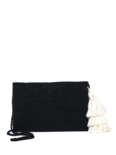 Releve Fashion Abury Black White Cotton Clutch Tassel Sustainable Ethical Fashion Brand Certified B Corp Positive Luxury Brands to Trust Butterfly Mark Positive Fashion Purchase with Purpose Shop for Good