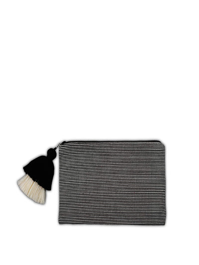 Releve Fashion Abury Black Cream Thin Striped Cotton Pouch Tassel Sustainable Ethical Fashion Brand Certified B Corp Positive Luxury Brands to Trust Butterfly Mark Positive Fashion Purchase with Purpose Shop for Good