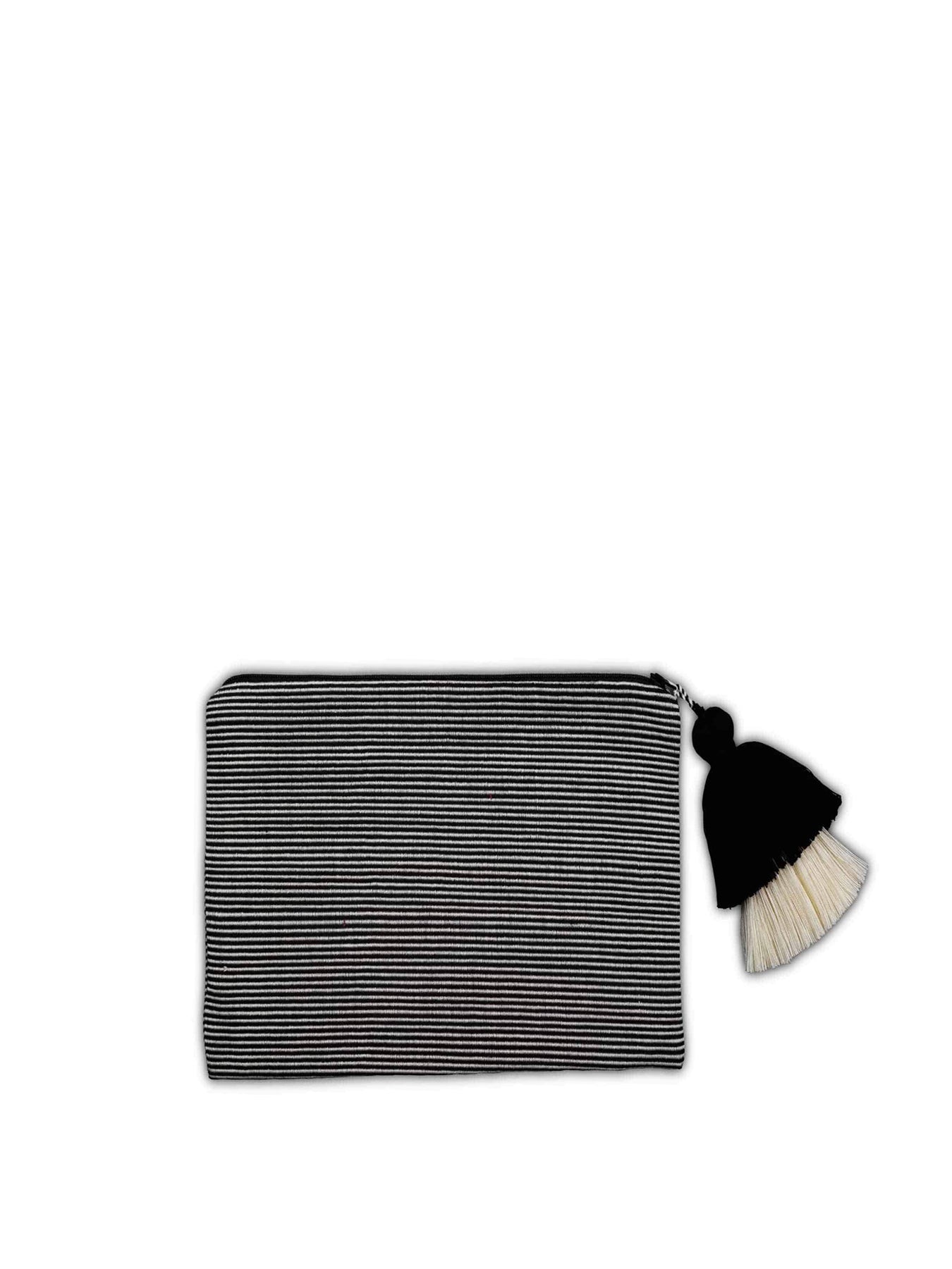 Releve Fashion Abury Black Cream Thin Striped Cotton Pouch Tassel Sustainable Ethical Fashion Brand Certified B Corp Positive Luxury Brands to Trust Butterfly Mark Positive Fashion Purchase with Purpose Shop for Good
