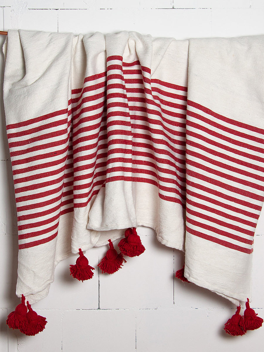 Releve Fashion Abury Red Cream Striped Wool Throw Sustainable Ethical Fashion Brand Certified B Corp Positive Luxury Brands to Trust Butterfly Mark Positive Fashion Purchase with Purpose Shop for Good
