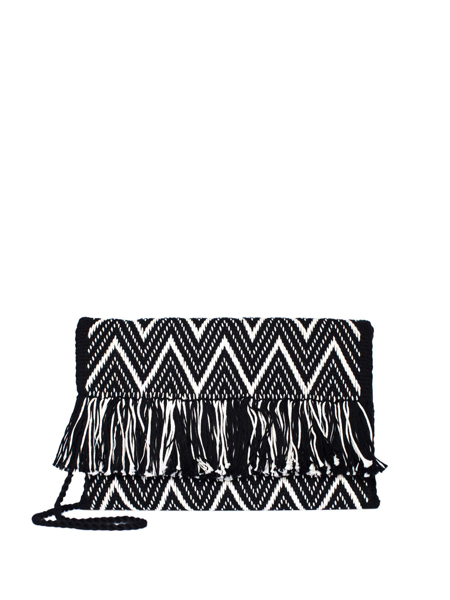 Releve Fashion Abury Black White Zig Zag Cotton Clutch Sustainable Ethical Fashion Brand Certified B Corp Positive Luxury Brands to Trust Butterfly Mark Positive Fashion Purchase with Purpose Shop for Good