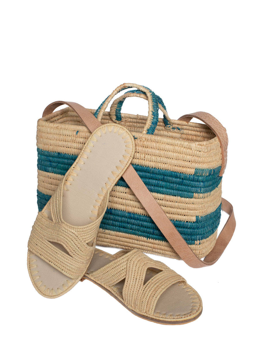 Releve Fashion Abury Raffia Summer Basket Natural Turquoise Sustainable Ethical Fashion Brand Certified B Corp Positive Luxury Brands to Trust Butterfly Mark Positive Fashion Purchase with Purpose Shop for Good