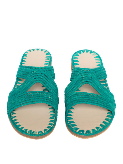 Releve Fashion Abury Raffia Summer Habeeba Slippers Turquoise Sustainable Ethical Fashion Brand Certified B Corp Positive Luxury Brands to Trust Butterfly Mark Positive Fashion Purchase with Purpose Shop for Good