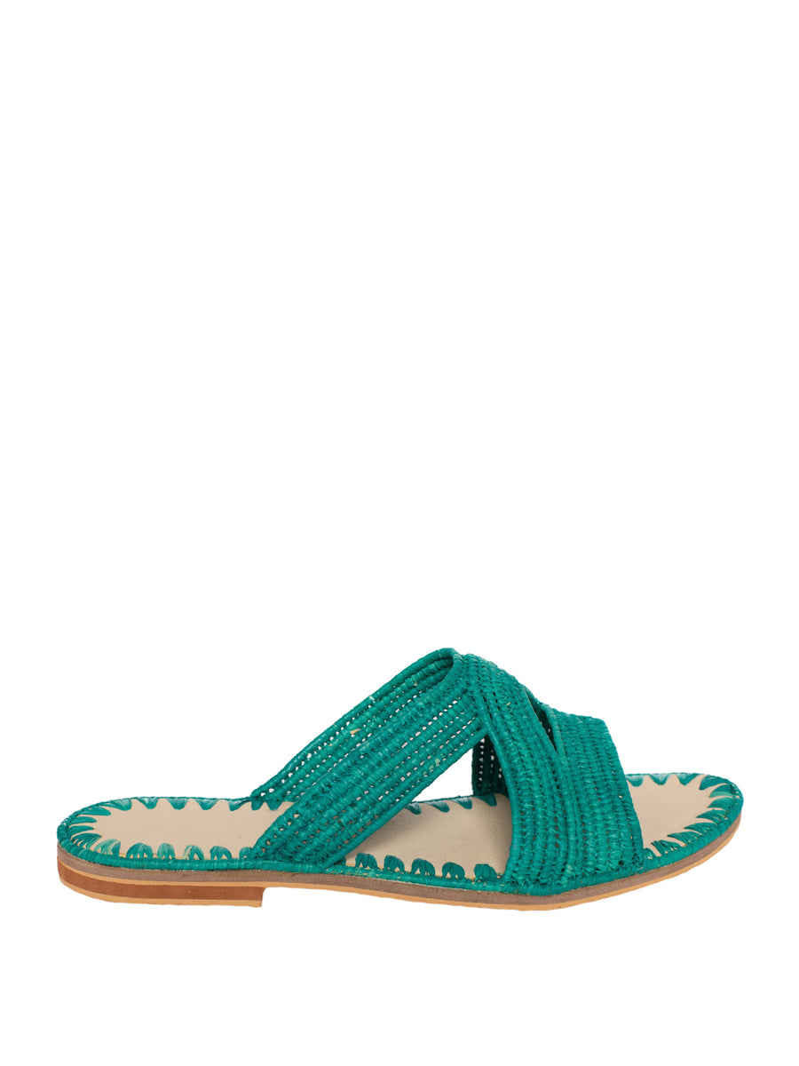 Releve Fashion Abury Raffia Summer Habeeba Slippers Turquoise Sustainable Ethical Fashion Brand Certified B Corp Positive Luxury Brands to Trust Butterfly Mark Positive Fashion Purchase with Purpose Shop for Good