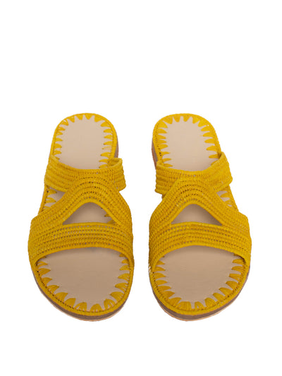 Releve Fashion Abury Raffia Summer Habeeba Slippers Yellow Sustainable Ethical Fashion Brand Certified B Corp Positive Luxury Brands to Trust Butterfly Mark Positive Fashion Purchase with Purpose Shop for Good