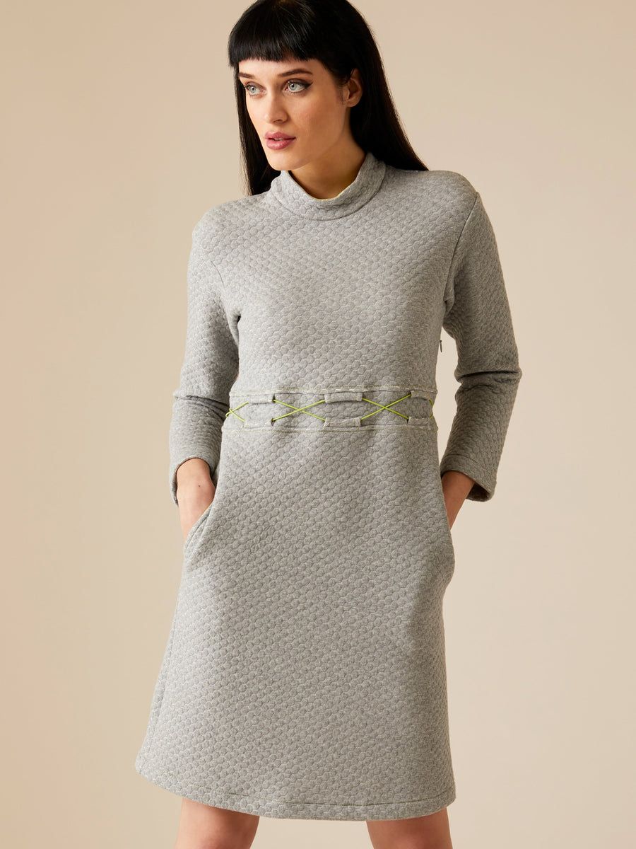 Releve Fashion Appareal Grey Hexagon Quilted Louise Dress Sustainable Fashion Conscious Clothing Ethical Designer Brand Technical Design Innovative Materials Purchase with Purpose Shop for Good