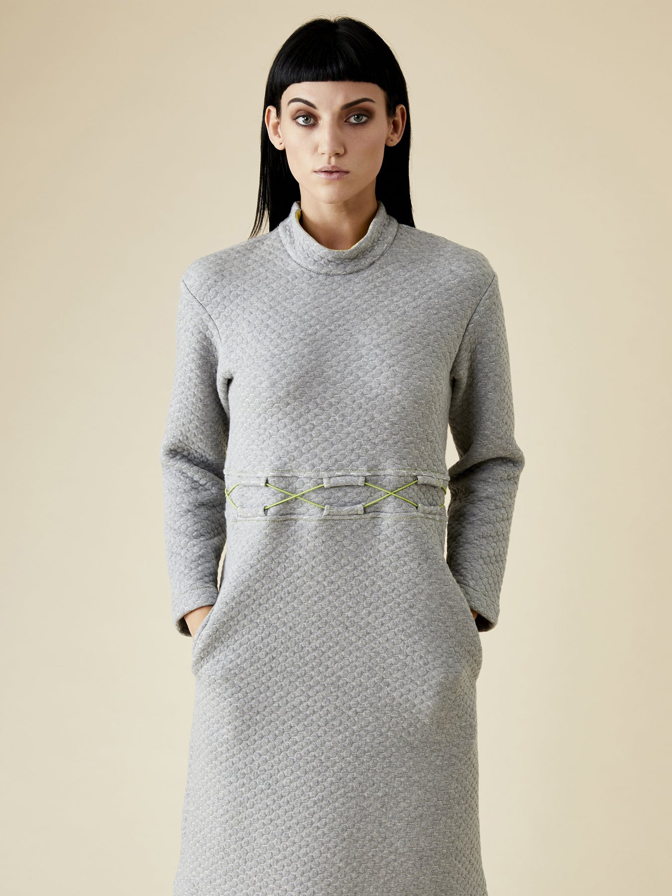 Releve Fashion Appareal Grey Hexagon Quilted Louise Dress Sustainable Fashion Conscious Clothing Ethical Designer Brand Technical Design Innovative Materials Purchase with Purpose Shop for Good