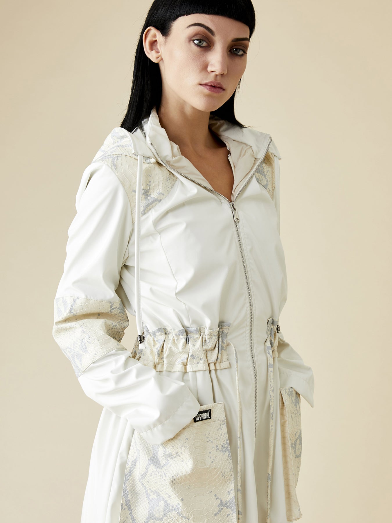 Releve Fashion Appareal Off-White Melissandra Gabardine and Faux Python Parka Sustainable Fashion Conscious Clothing Ethical Designer Brand Technical Design Innovative Materials Purchase with Purpose Shop for Good