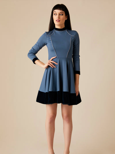 Releve Fashion Appareal Blue Melodie Double Knit Jersey Dress with Velvet Sustainable Fashion Conscious Clothing Ethical Designer Brand Technical Design Innovative Materials Purchase with Purpose Shop for Good