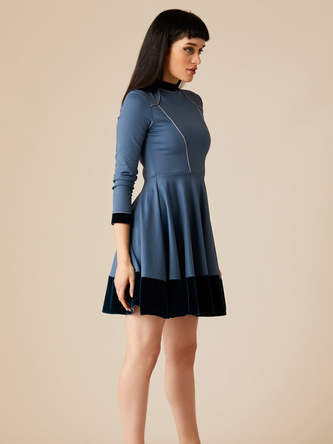 Releve Fashion Appareal Blue Melodie Double Knit Jersey Dress with Velvet Sustainable Fashion Conscious Clothing Ethical Designer Brand Technical Design Innovative Materials Purchase with Purpose Shop for Good