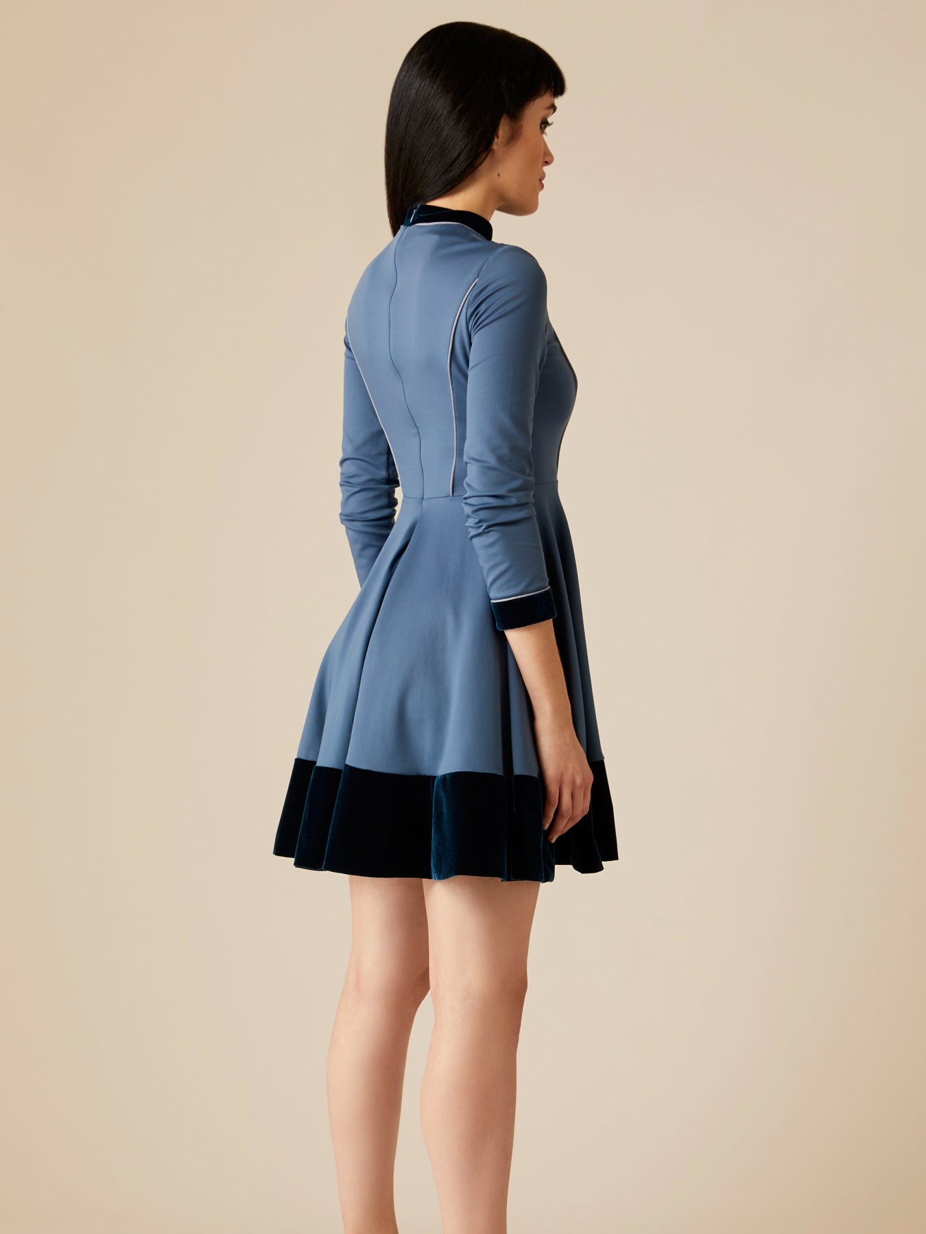 Releve Fashion Appareal Blue Melodie Double Knit Jersey Dress with Velvet Sustainable Fashion Conscious Clothing Ethical Designer Brand Technical Design Innovative Materials Purchase with Purpose Shop for Good