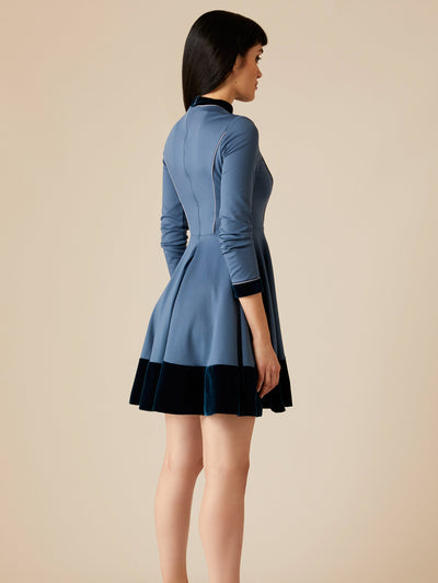 Releve Fashion Appareal Blue Melodie Double Knit Jersey Dress with Velvet Sustainable Fashion Conscious Clothing Ethical Designer Brand Technical Design Innovative Materials Purchase with Purpose Shop for Good