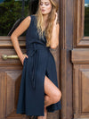 Releve Fashion Appareal Navy Natalia Wrap Jersey Dress with Velvet Sustainable Fashion Conscious Clothing Ethical Designer Brand Technical Design Innovative Materials Purchase with Purpose Shop for Good