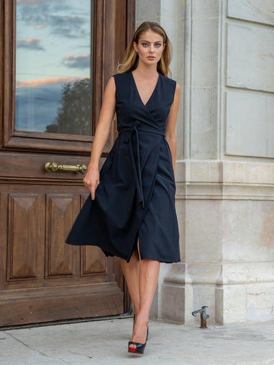 Releve Fashion Appareal Navy Natalia Wrap Jersey Dress with Velvet Sustainable Fashion Conscious Clothing Ethical Designer Brand Technical Design Innovative Materials Purchase with Purpose Shop for Good