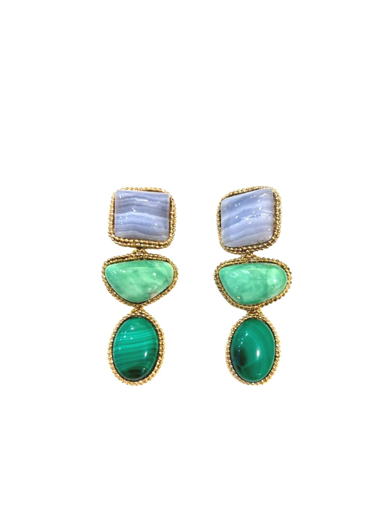 Releve Fashion Bea Valdes Light Blue and Light Green 3 Stone Earrings Necklace with Semi-Precious Stones Ethical Luxury Brand Sustainable Jewelry Conscious Fashion Purchase with Purpose Shop for Good