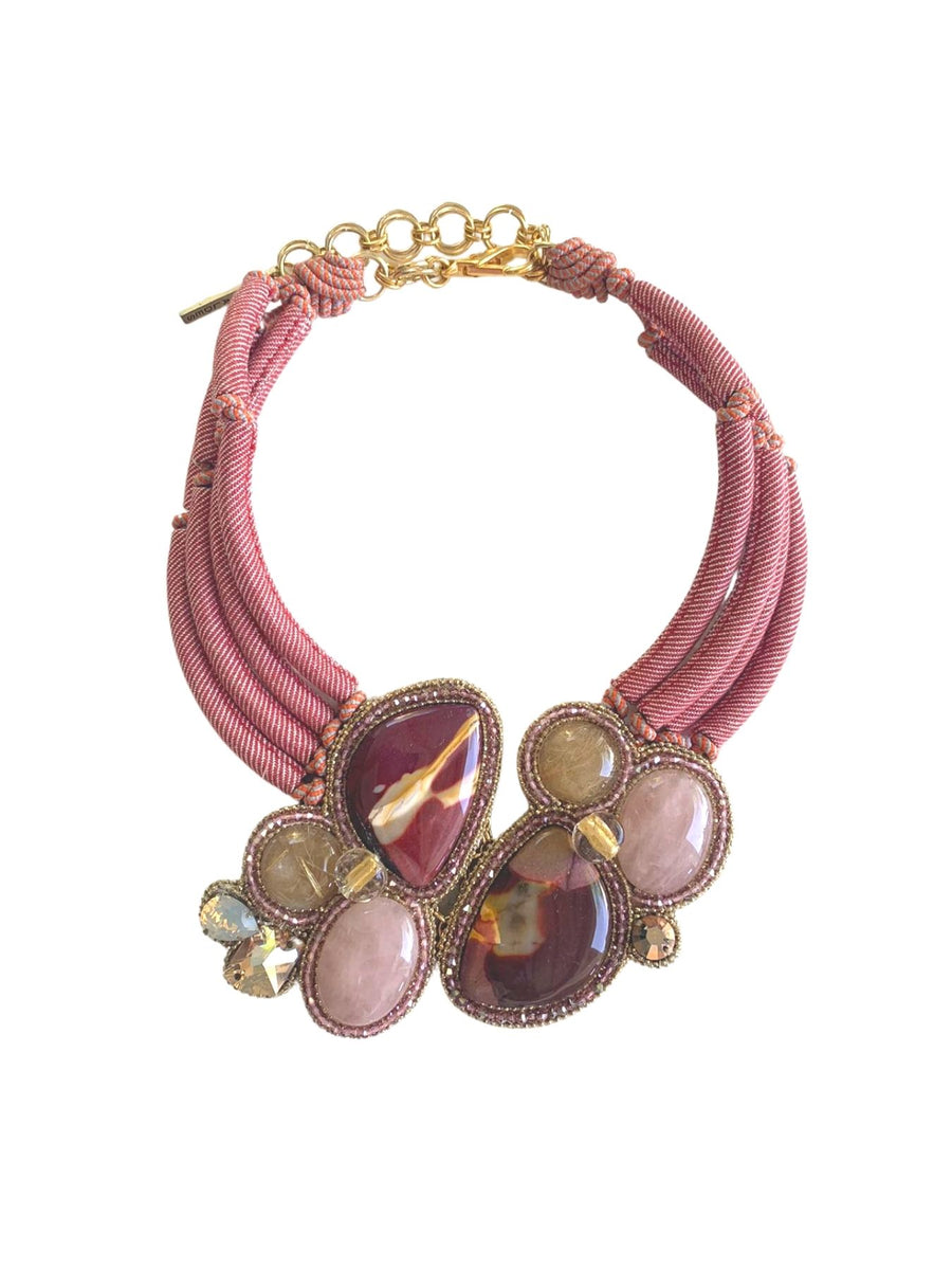 Bend Bugle Necklace with Semi-Precious Stones, Red