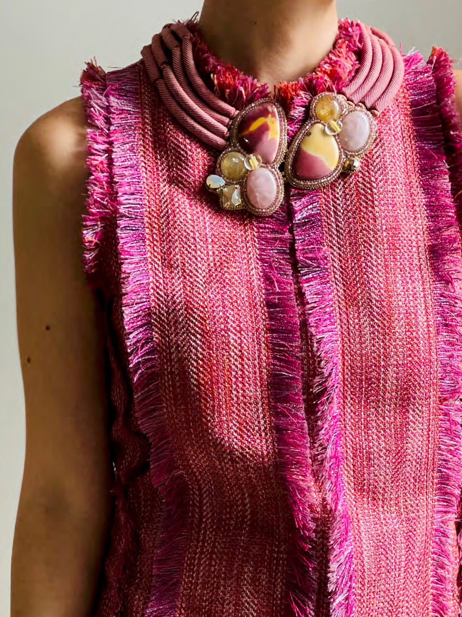 Releve Fashion Bea Valdes Bend Bugle Necklace with Semi Precious Stones in Denim Red Handmade Luxury Accessories Ethical Jewelry Designers Sustainable Fashion Brands Artisanal Purchase with Purpose Shop for Good