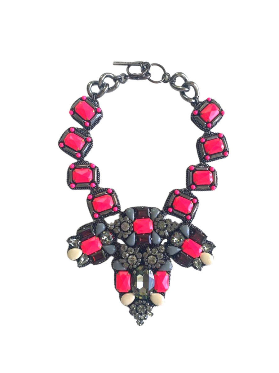Releve Fashion Bea Valdes Epicenter Swarovski Necklace in Black and Neon Pink Handmade Luxury Accessories Ethical Jewelry Designers Sustainable Fashion Brands Artisanal Purchase with Purpose Shop for Good