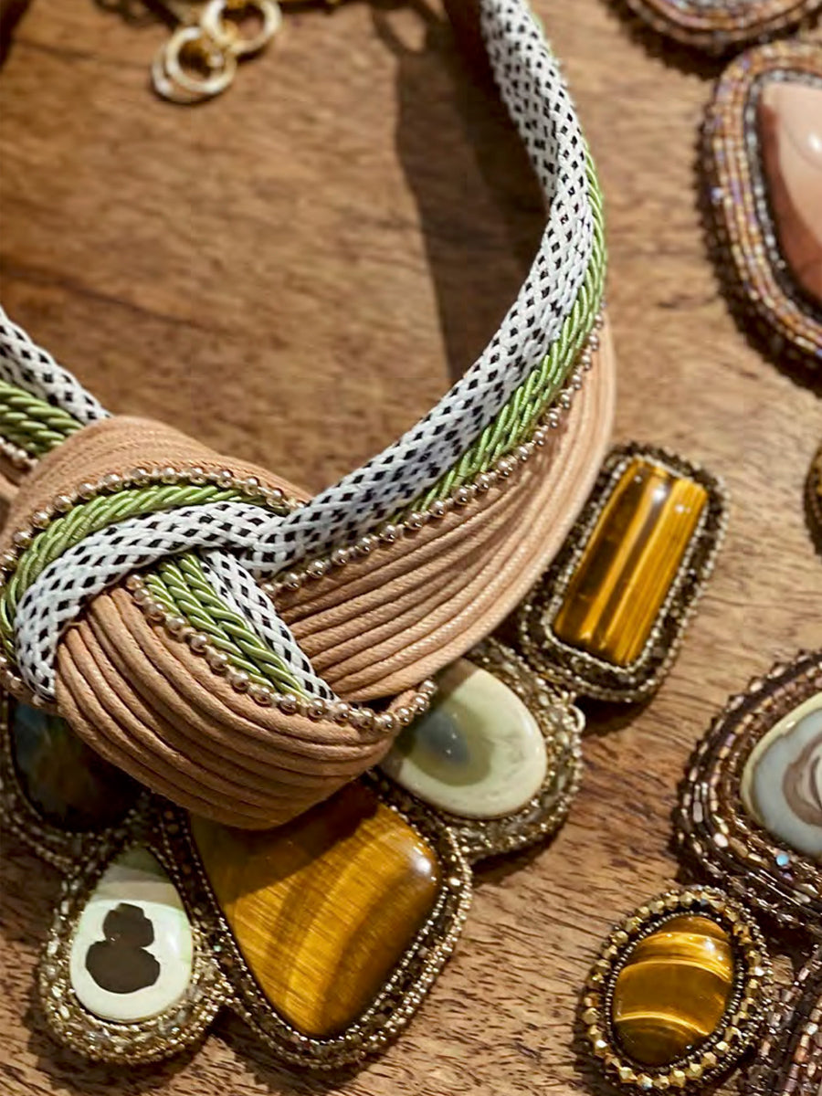 Hard Collar Necklace with Semi-Precious Stones, Copper / Green
