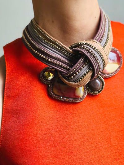 Releve Fashion Bea Valdes Hard Collar Necklace with Semi Precious Stones in Brown Copper and Mauve Handmade Luxury Accessories Ethical Jewelry Designers Sustainable Fashion Brands Artisanal Purchase with Purpose Shop for Good
