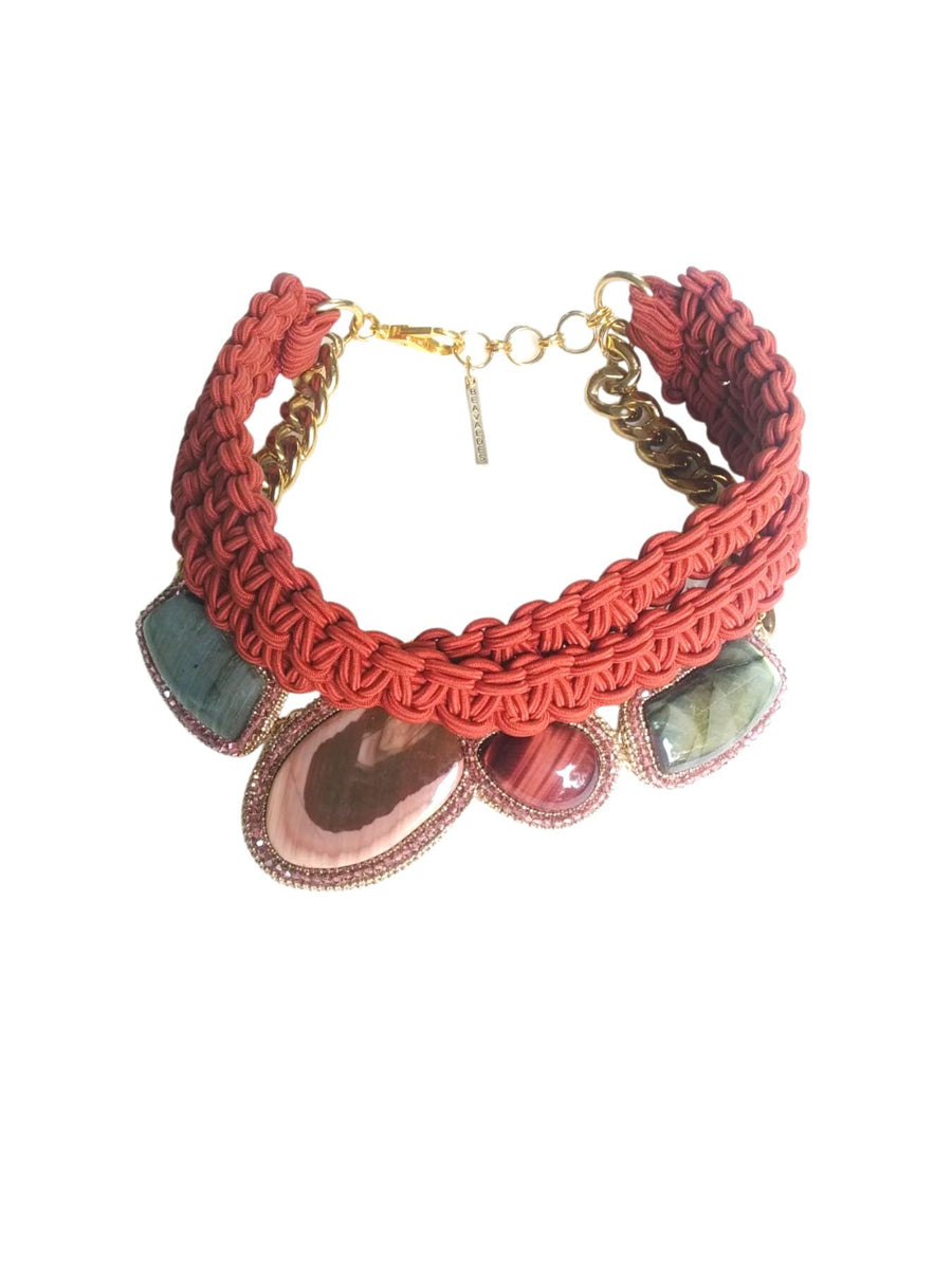 Releve Fashion Bea Valdes Bend Bugle Necklace with Semi Precious stones Appliqué copper Brown Handmade Luxury Accessories Ethical Jewelry Designers Sustainable Fashion Brands Artisanal Purchase with Purpose Shop for Good