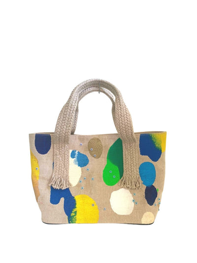 Releve Fashion Bea Valdes Beige / Multicolour Painted Linen Tote Bag Ethical Luxury Brand Sustainable Bag Conscious Fashion Purchase with Purpose Shop for Good