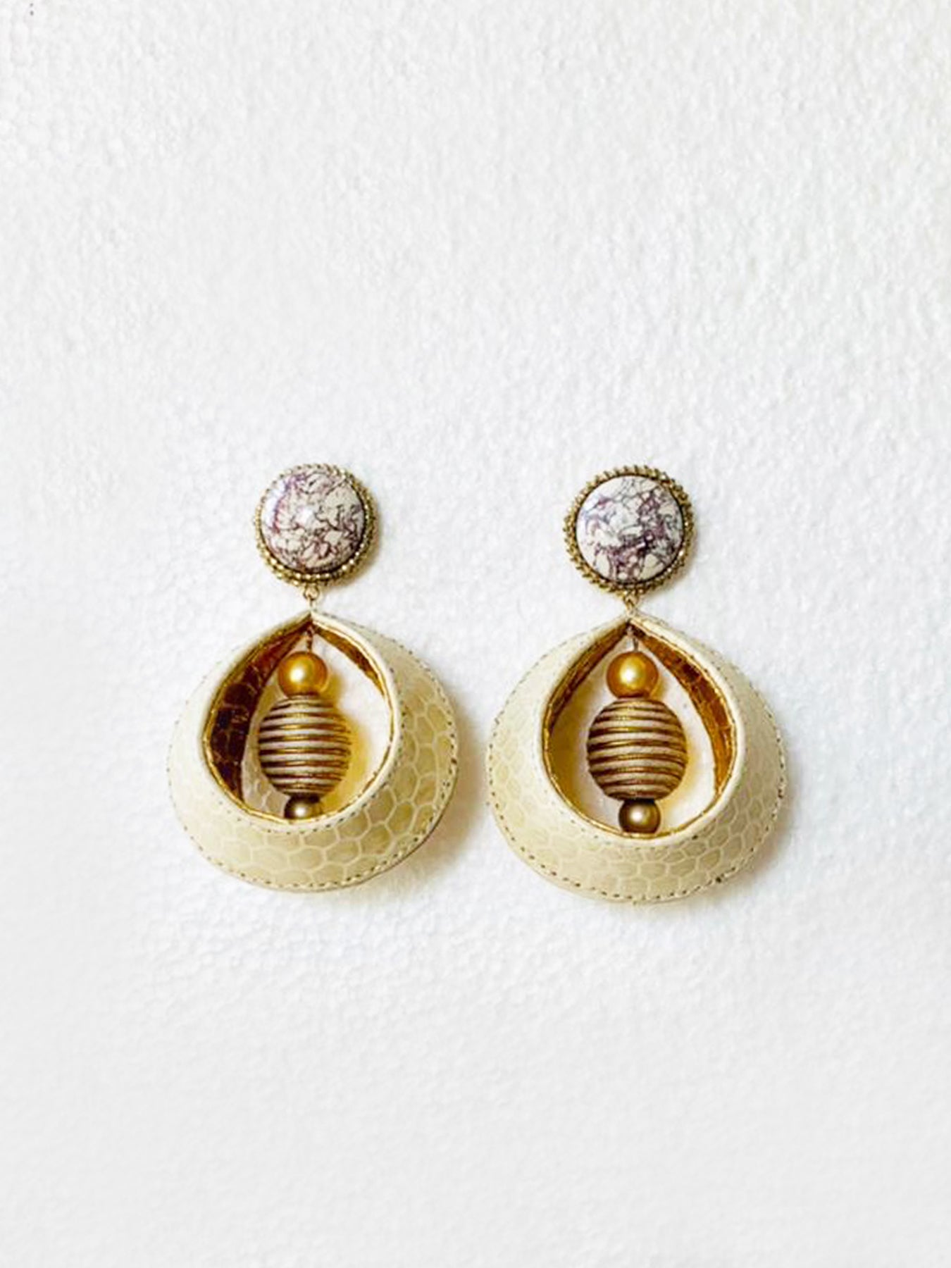 Stone and Snakeskin Earrings, Beige Metallic Gold White
