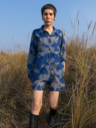 Releve Fashion Filanda n.18 Ferghana Blue Grey Silk Ikat Shorts Sustainable Luxury Fashion Conscious Clothing and Accessories Ethical Designer Brand Artisanal Handcrafted Made in Italy Purchase with Purpose Shop for Good