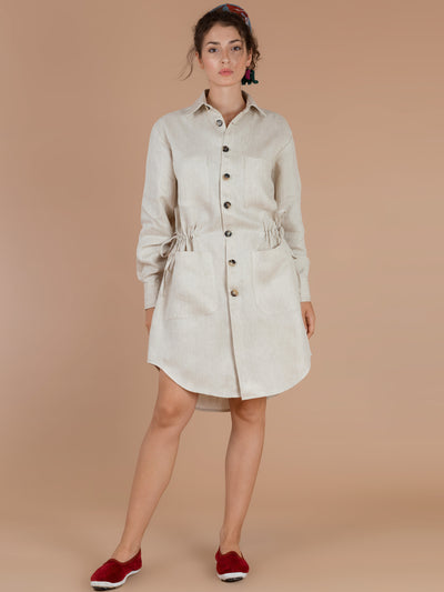 Releve Fashion Filanda n.18 Karen Beige Linen Shirt Dress Sustainable Luxury Fashion Conscious Clothing and Accessories Ethical Designer Brand Artisanal Handcrafted Made in Italy Purchase with Purpose Shop for Good