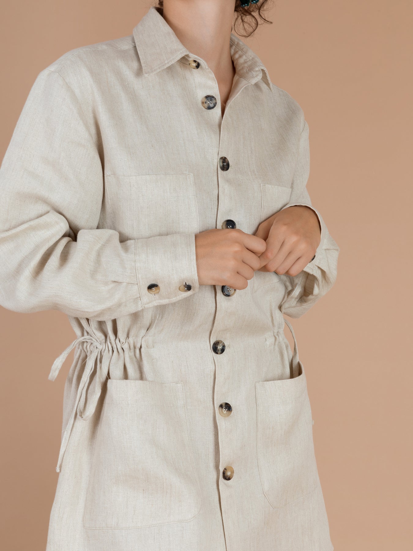 Releve Fashion Filanda n.18 Karen Beige Linen Shirt Dress Sustainable Luxury Fashion Conscious Clothing and Accessories Ethical Designer Brand Artisanal Handcrafted Made in Italy Purchase with Purpose Shop for Good