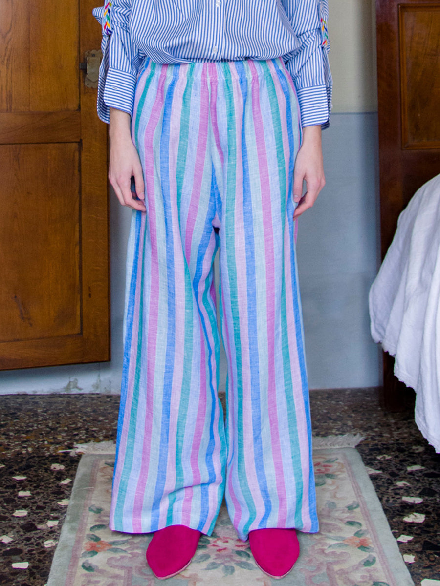 Releve Fashion Filanda n.18 Lisette Multicoloured Loose Cotton Trousers Sustainable Luxury Fashion Conscious Clothing and Accessories Ethical Designer Brand Artisanal Handcrafted Made in Italy Purchase with Purpose Shop for Good